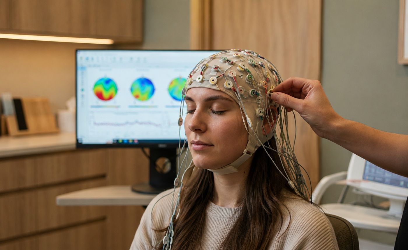 A person wearing a 23-channel QEEG brain mapping cap while brain maps display on a screen